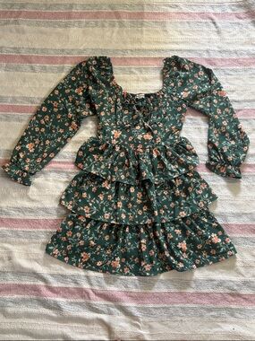 Inspired Hearts Mini Dress Green Floral Print ~ Size Medium